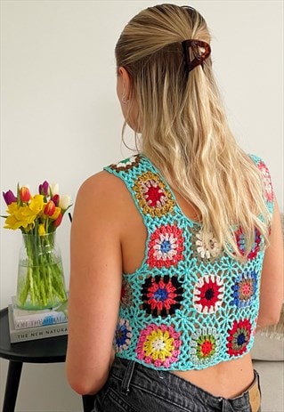 HANDMADE TURQUOISE CROCHET CROP TOP GRANNY SQUARE