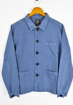 Mid Blue Washed Workwear Jacket French Chore Herringbone 