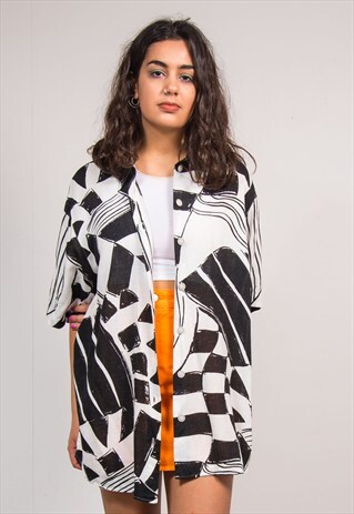 90'S VINTAGE ABSTRACT MONOCHROME PATTERN SHIRT BLOUSE