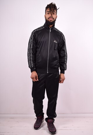 ASICS MENS VINTAGE FULL TRACKSUIT TOP MEDIUM BLACK 90'S