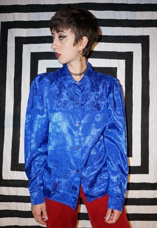 VINTAGE 80'S SHINY ELECTRIC BLUE FLORAL SHIRT