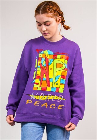 VINTAGE 90'S PURPLE WORLD PEACE FUNKY SWEATER JUMPER