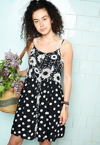 VINTAGE 80S BOHO FESTIVAL POLKA DOT SUMMER MINI FLORAL DRESS