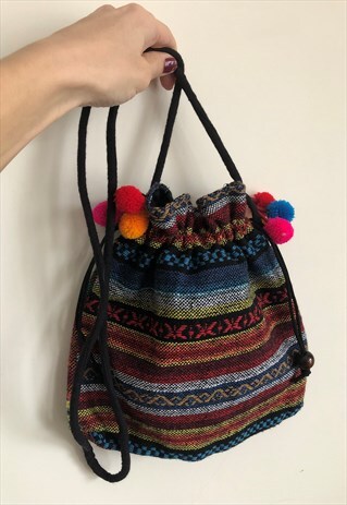 ETHNIC PATTERN VINTAGE POM POM BAG