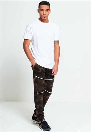 MENS ZIP DETAIL KHAKI CAMOUFLAGE JOGGING BOTTOMS