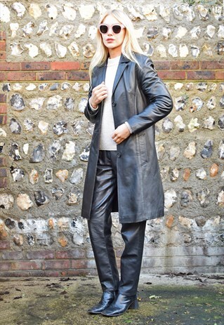 Vintage 1990's Leather Trench Coat Classic Black