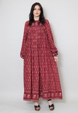 70's Vintage Ladies Indian Cotton Red Bell Sleeve Maxi Dress