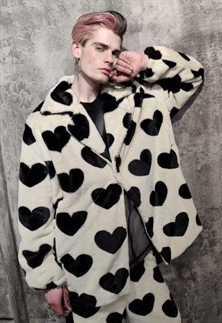HEART FLEECE JACKET HANDMADE FAUXFUR HEART TRENCH COAT CREAM