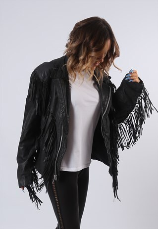 TASSEL FRINGE LEATHER BIKER JACKET UK 14 (61E)