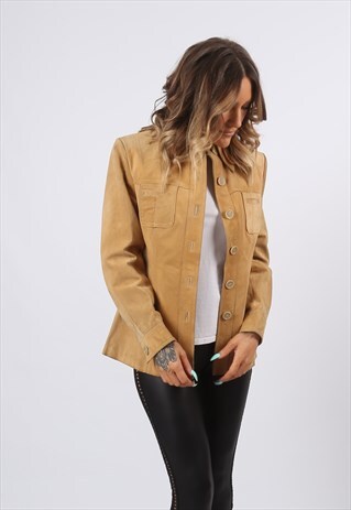 SUEDE LEATHER FITTED JACKET VINTAGE BLAZER UK 10 (9HCA)