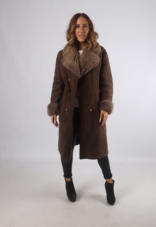 VINTAGE SHEEPSKIN SUEDE SHEARLING COAT MID LONG UK 12 (9CB)