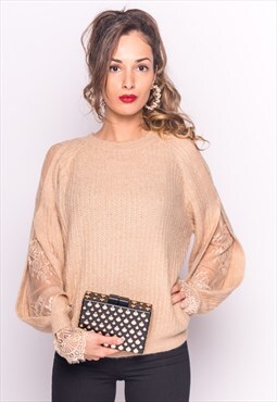 Beige Jumper with Cut Out Lace Sleeves