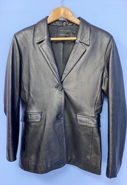 00s House of Fraser Blazer Jacket Black Leather Fitted