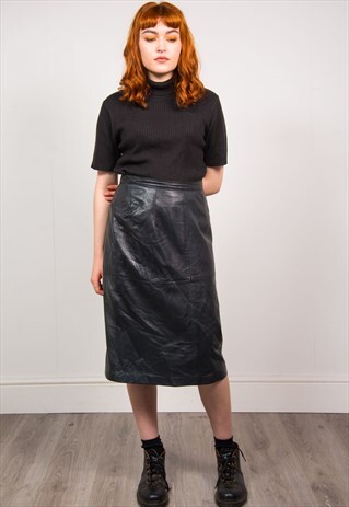VINTAGE 90'S BLACK LEATHER LONG PENCIL SKIRT