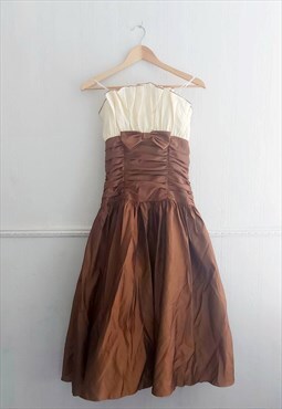 Vintage 1980s do 1950s style Brown & Cream Dress Modern UK 1