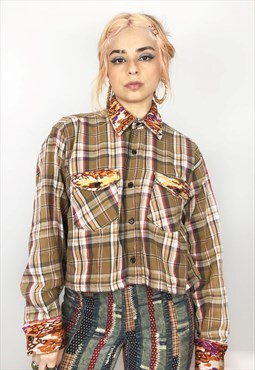  Upcycled Reworked Flannel Shirt In Tartan And Coral Print