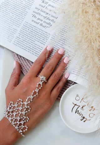 SILVER DIAMANTE RHINESTONE JEWEL HAND RING BRACELET