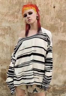 Horizontal stripe sweater wide fit Zigzag knit jumper cream