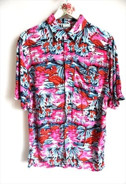 Vintage Crazy Pattern Shirt Hawaii Shirts Oxford Top Pink