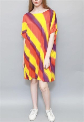 VINTAGE 1970'S VIBRANT YELLOW AND ORANGE STRIPED BEACH DRESS