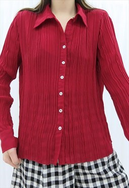 90s Vintage Red Collared Pleated Plisse Shirt