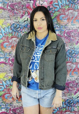 DARK BLUE VINTAGE SHERPA FLEECE LINED DENIM JACKET. UNISEX.
