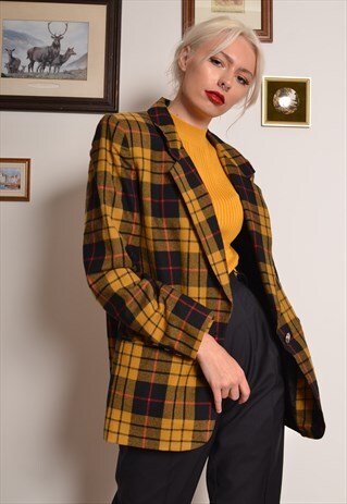 VINTAGE 80S WOOL BLAZER JACKET IN MUSTARD TARTAN CHECK