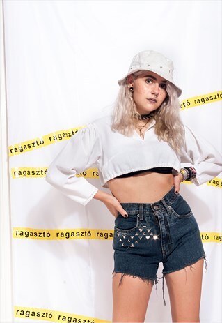 VINTAGE DENIM SHORTS 90S CUT OFF CROPPED JEANS SILVER STUD