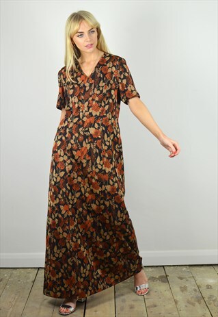 VINTAGE 70S BLACK, GOLD & ORANGE AUTUMNAL MAXI DRESS