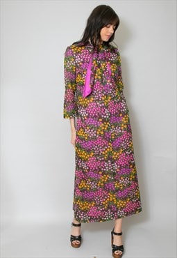 70's Vintage Ladies Purple Floral Print Pussy Bow Midi Maxi