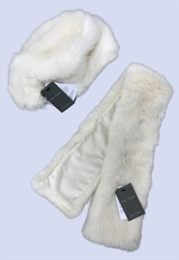 Cream White Faux Fur Winter Casual Hat & Scarf Set 