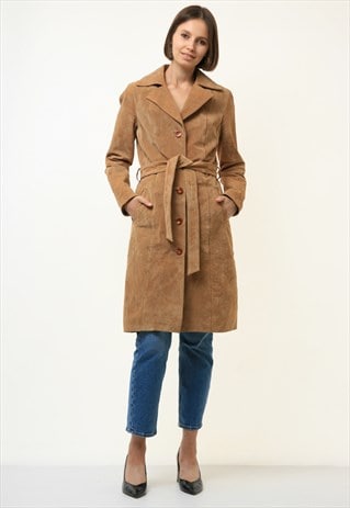 LEATHER FITTED BROWN SUEDE TRENCH OUTWEAR AUTUMN COAT 4399