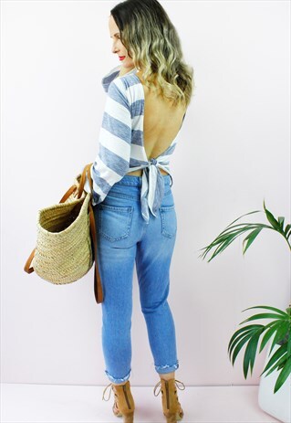 STRIPED BACKLESS LONG SLEEVE BLOUSE SHIRT TOP