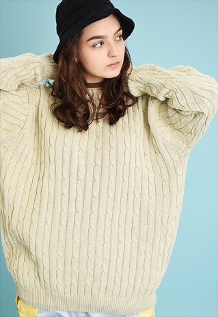 90'S RETRO ARAN STYLE KNIT NEUTRAL OVERSIZED JUMPER