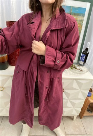 VINTAGE 80S MAROON TRENCH PARKA JACKET COAT DUSTER