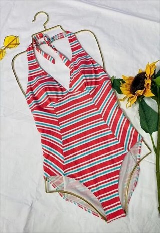 VINTAGE 80S STRIPED HIGH LEG HALTER NECK SWIMSUIT