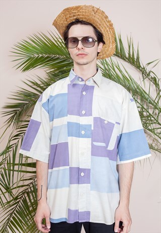 MENS VINTAGE SHORT SLEEVE, ABSTRACT PRINT, BUTTON UP SHIRT