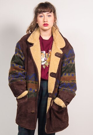 VINTAGE 90'S OVERSIZED BROWN STRIPED PATTERN COLLAR COAT