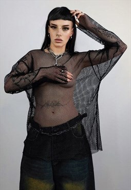 Transparent mesh top long sleeve sheer jumper party t-shirt