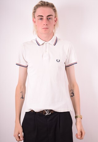 FRED PERRY MENS VINTAGE POLO SHIRT MEDIUM WHITE 90S