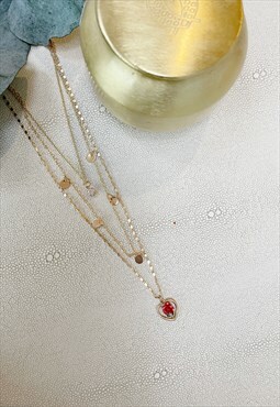 Gold Red Rose Diamante Layered Charm Pendant Necklace