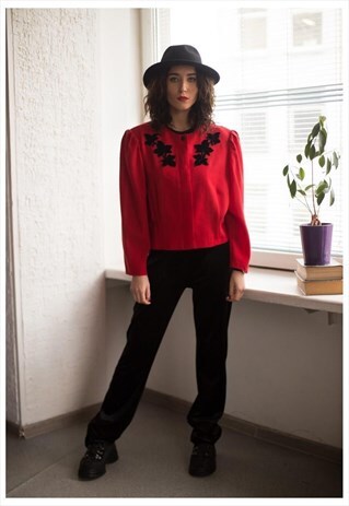 VINTAGE 80' BRIGHT RED CROPPED PUFF SLEEVES JACKET
