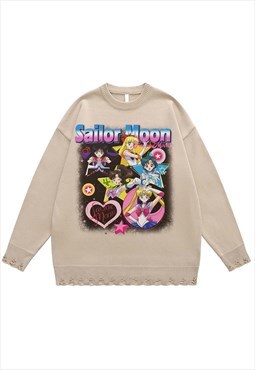 Sailor Moon sweater anime jumper ripped knitted top in beige