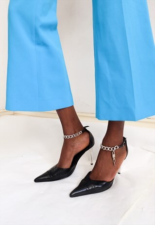 VINTAGE 90S BLACK LEATHER LOCK HIGH HEELS STILETTOS