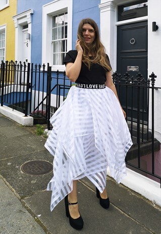 WHITE STRIPES ORGANZA SKIRT WITH ELASTIC BAND