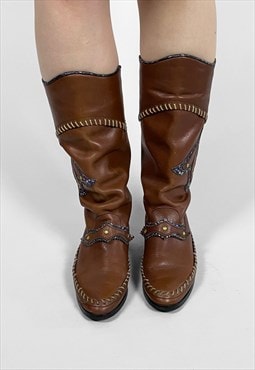 80's Ladies Vintage Brown Embellised Flat Boots Size 37
