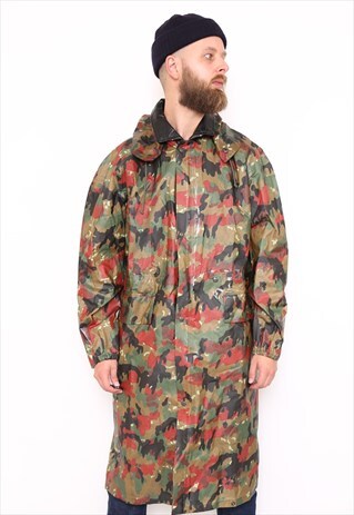 VINTAGE SWISS ARMY CAMO PRINT FULL LENGTH HOODED RAIN COAT