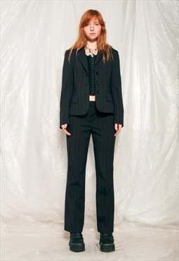 Vintage Suit Y2K Preppy Blazer Pants Set in Black Pinstriped