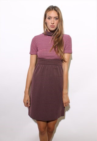 VINTAGE 60S PINK BROWN POLKA DOT DRESS MOD MINI S-M