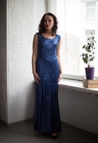 VINTAGE 80'S BLUE MAXI SLEEVELESS VELVET DRESS